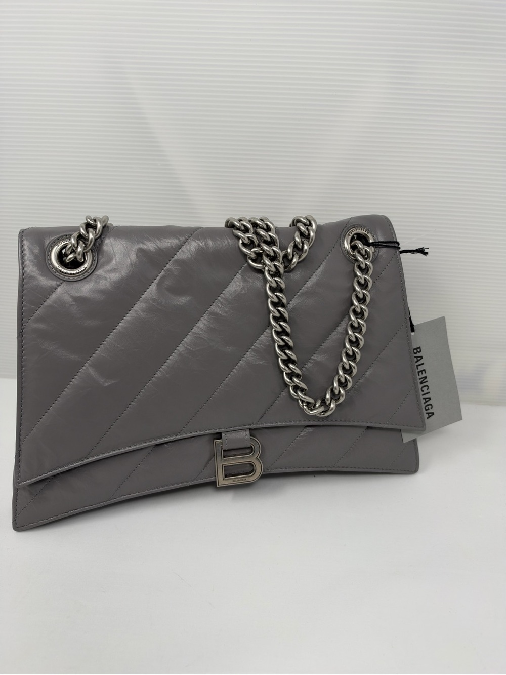 Balenciaga Gray Quilted Leather Shoulder Bag with Chain Strap